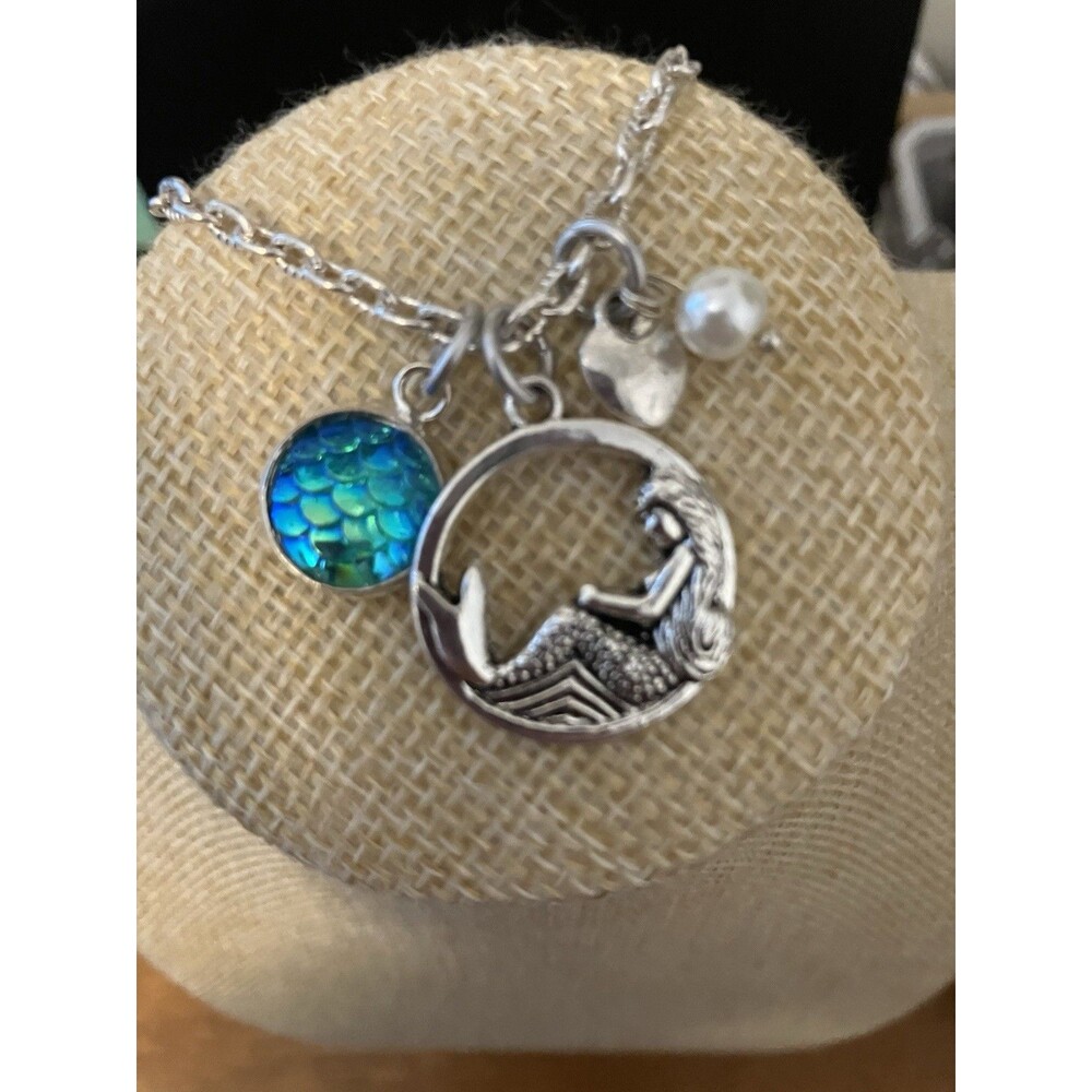 Mermaid Charm Necklace Silver Tone 20” Chain